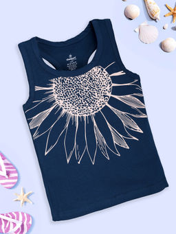 KiddoPanti - Girls Cotton Lycra Sleeveless Sun Flower Printed Navy Blue Tank Top