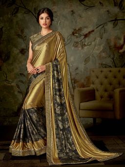 Odette - Gold Lycra Net Designer Saree with Unstitched Blouse