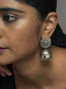 Divas Mantra - 92.5 Silver Oxidised Jhumka Revere Earrings