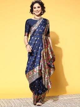 Sareemall - Silk Blend Navy Blue Woven Design Saree With Unstitched Blouse