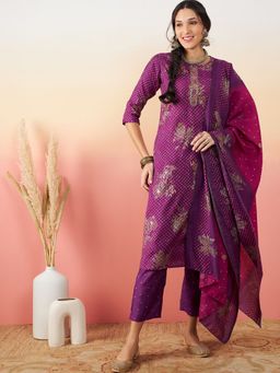 Vastramyaa - Women Purple Floral And Embroidered Kurta With Pant And Dupatta (Set of 3)