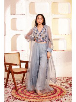 Firann By Shaheen - Purple Crop Top with Sharara and Cape (Set of 3)