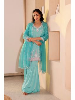 Firann By Shaheen - Turquoise Short Kurta with Sharara and Dupatta (Set of 3)