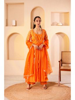 Firann By Shaheen - Orange Anarkali with Palazzo and Dupatta (Set of 3)