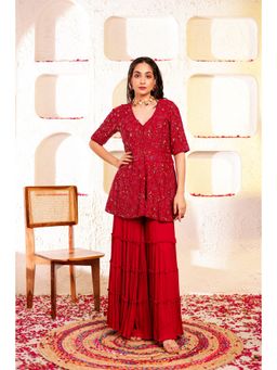 Firann By Shaheen - Red Peplum Top with Sharara (Set of 2)