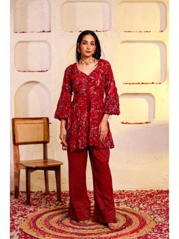 Firann By Shaheen - Red Peplum Top with Palazzo (Set of 2)