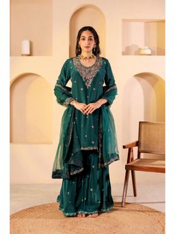 Firann By Shaheen - Green Short Kurta with Palazzo and Dupatta (Set of 3)