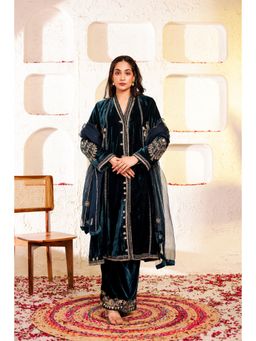 Firann By Shaheen - Teal Kurta with Palazzo and Dupatta (Set of 3)