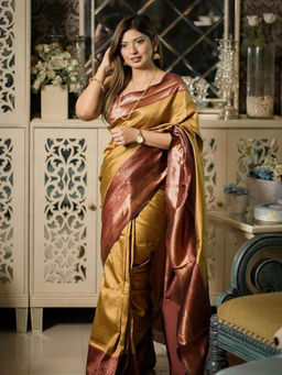 Anjaneya Sarees - Yellow & Brown Woven Designer Banarasi Silk Kanjivaram Saree with Unstitched Blouse