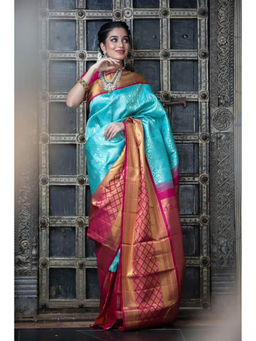Anjaneya Sarees - Blue & Pink Woven Designer Banarasi Silk Kanjivaram Saree with Unstitched Blouse