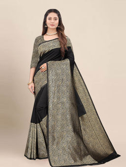 Anjaneya Sarees - Grey & Black Paisley Woven Banarasi Silk Kanjivaram Saree with Unstitched Blouse
