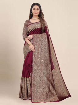 Anjaneya Sarees - Maroon Woven Designer Banarasi Silk Kanjivaram Saree with Unstitched Blouse