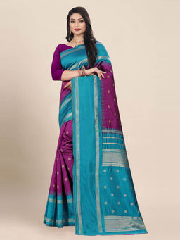 Anjaneya Sarees - Purple & Blue Woven Designer Banarasi Silk Kanjivaram Saree with Unstitched Blouse