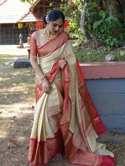 Anjaneya Sarees - Beige & Red Woven Designer Banarasi Silk Kanjivaram Saree with Unstitched Blouse