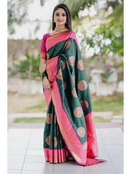 Anjaneya Sarees - Green & Pink Woven Designer Banarasi Silk Kanjivaram Saree with Unstitched Blouse