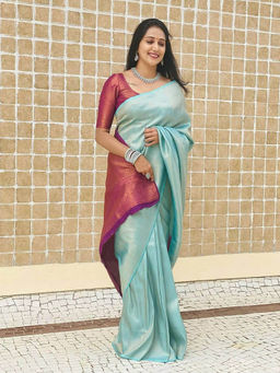 Anjaneya Sarees - Blue & Red Woven Designer Banarasi Silk Kanjivaram Saree with Unstitched Blouse