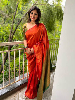 Anjaneya Sarees - Orange & Green Woven Designer Banarasi Silk Kanjivaram Saree with Unstitched Blouse