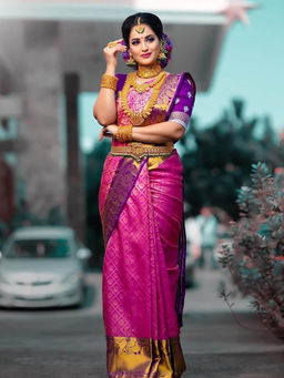 Anjaneya Sarees - Pink & Purple Woven Designer Banarasi Silk Kanjivaram Saree with Unstitched Blouse