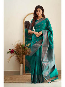 Anjaneya Sarees - Green Woven Designer Banarasi Silk Kanjivaram Saree with Unstitched Blouse