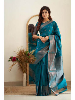 Anjaneya Sarees - Teal Woven Designer Banarasi Silk Kanjivaram Saree with Unstitched Blouse