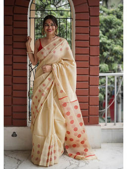 Anjaneya Sarees - Beige & Red Woven Designer Cotton Silk Kanjivaram Saree with Unstitched Blouse