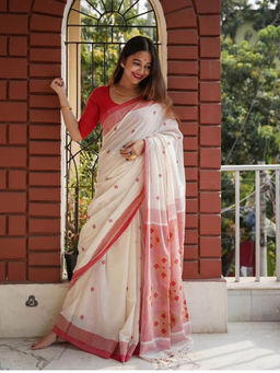 Anjaneya Sarees - White & Red Woven Designer Cotton Silk Kanjivaram Saree with Unstitched Blouse