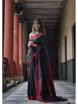 Anjaneya Sarees - Black & Red Woven Designer Cotton Silk Kanjivaram Saree with Unstitched Blouse