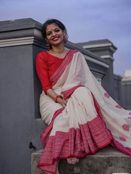Anjaneya Sarees - White & Red Woven Designer Cotton Silk Kanjivaram Saree with Unstitched Blouse