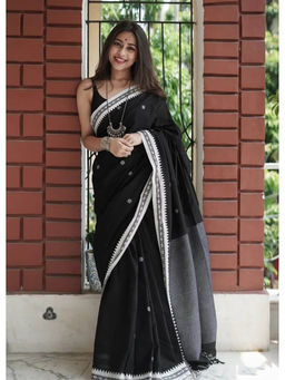 Anjaneya Sarees - Black Woven Designer Cotton Silk Kanjivaram Saree with Unstitched Blouse