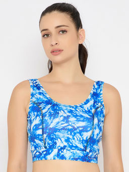 Clovia - Polyester Spandex Printed Padded Full Cup Wire Free Sports Bra - Blue
