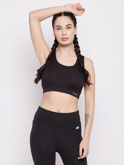 Clovia - Polyester Spandex Solid Padded Full Cup Wire Free Sports Bra - Black