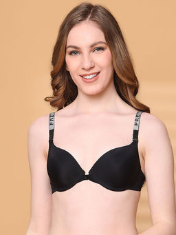 PrettyCat - Push Up Padded Plunge Bra With Shine Strap For Women Black