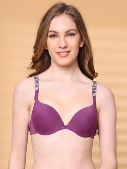 PrettyCat - Push Up Padded Plunge Bra With Shine Strap For Women Purple