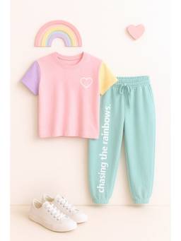 Bubble Berry - Girls Cotton Colour Block T-Shirt with Joggers