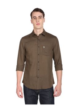 U.S. POLO ASSN. - Men Brown Oxford Weave Solid Casual Shirt