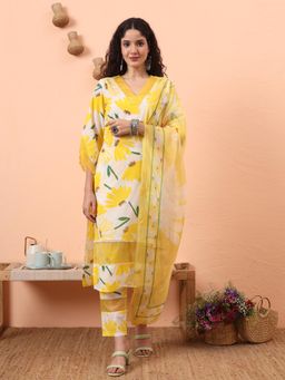 Yufta - Women Yellow Cotton Floral V-Neck Kurta with Pant and Dupatta (Set of 3)
