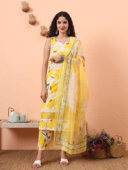 Yufta - Women Yellow Cotton Floral Square Neck Kurta with Pant and Dupatta (Set of 3)