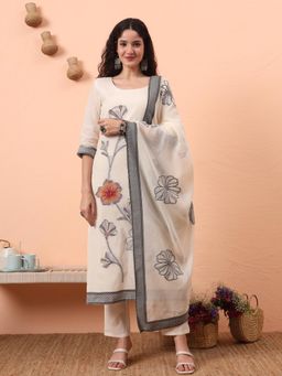 Yufta - Women Off White Cotton Floral Round Neck Kurta with Pant and Dupatta (Set of 3)