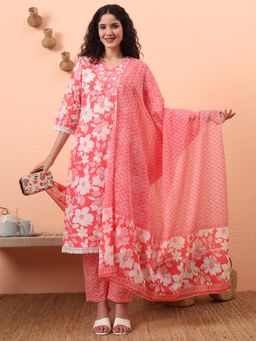 Yufta - Women Pink Cotton Floral V-Neck Kurta with Pant and Dupatta (Set of 3)