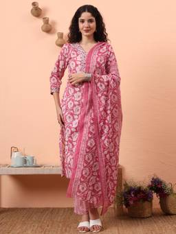 Yufta - Women Pink Cotton Floral V-Neck Kurta with Pant and Dupatta (Set of 3)