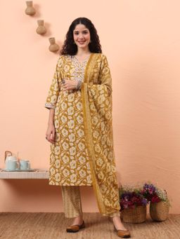 Yufta - Women Mustard Cotton Floral V-Neck Kurta with Pant and Dupatta (Set of 3)