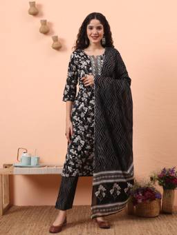 Yufta - Women Black Cotton Floral Round Neck Kurta with Pant and Dupatta (Set of 3)