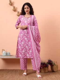Yufta - Women Purple Cotton Floral Round Neck Kurta with Pant and Dupatta (Set of 3)