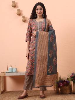 Yufta - Women Grey Cotton Floral Round Neck Kurta with Pant and Dupatta (Set of 3)