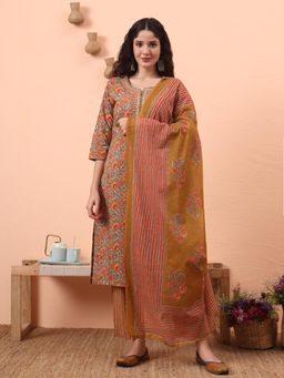 Yufta - Women Mustard Cotton Floral Round Neck Kurta with Pant and Dupatta (Set of 3)