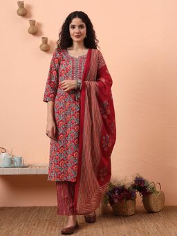 Yufta - Women Red Cotton Floral Round Neck Kurta with Pant and Dupatta (Set of 3)