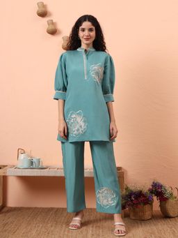 Yufta - Women Blue Silk Embroidered Mandarin Neck Co-Ord (Set of 2)