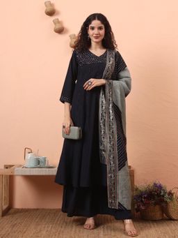 Yufta - Women Black Silk Anarkali Kurta with Palazzo and Dupatta (Set of 3)