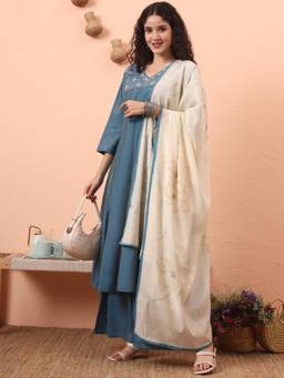 Yufta - Women Blue Silk Anarkali Kurta with Palazzo and Dupatta (Set of 3)