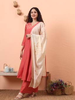 Yufta - Women Peach Silk Anarkali Kurta with Palazzo and Dupatta (Set of 3)
